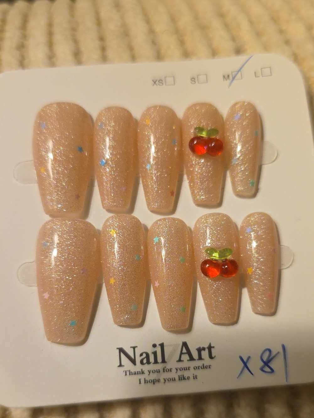 Nude Glitter Press-On Nails with Cherry Accent - Size Med